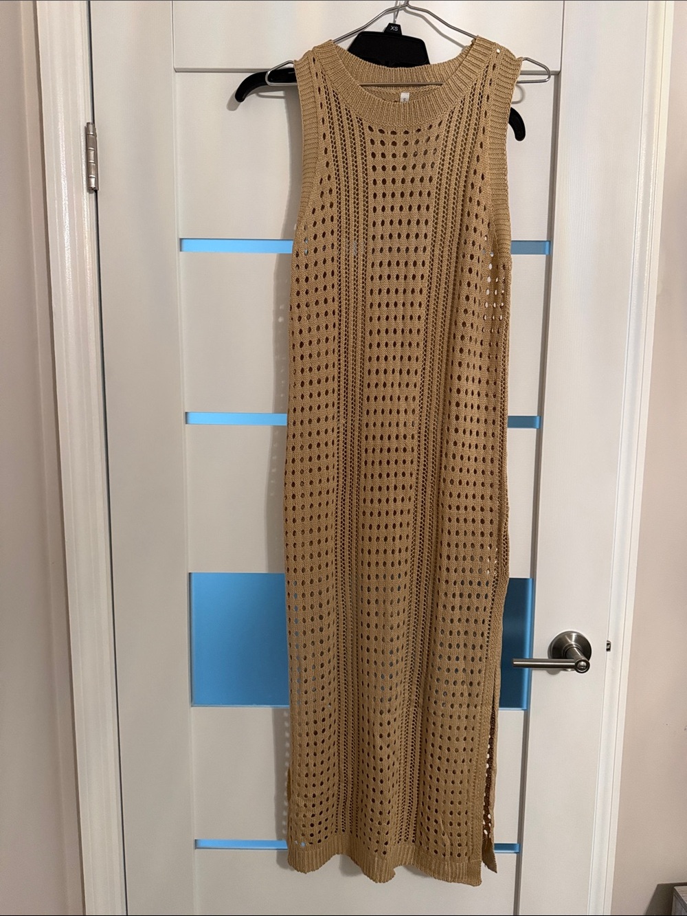 Sleeveless Tan Crochet Knit Maxi Dress